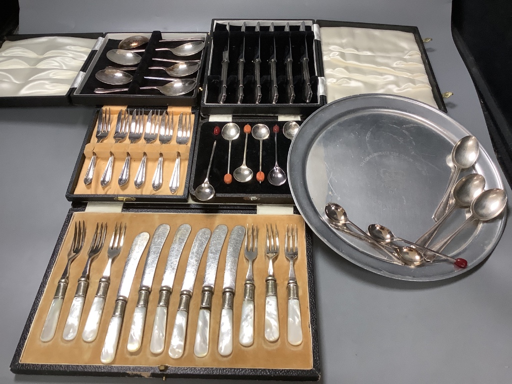 A group of cased sets of plated wares